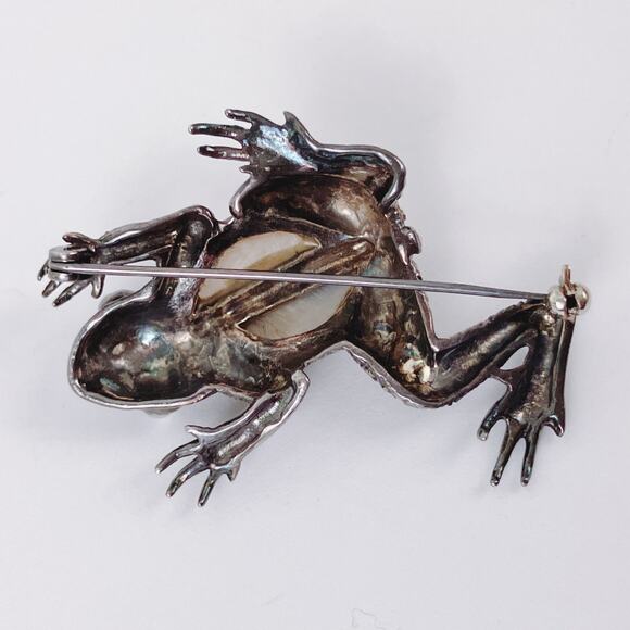 Mid Century Art Deco Revival Frog Brooch Sterling Marcasite Mother of Pearl - Picture 14 of 15
